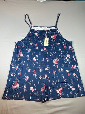 NWT Women’s Navy Floral Overalls Shortalls Bibs Spaghetti Strap Pockets